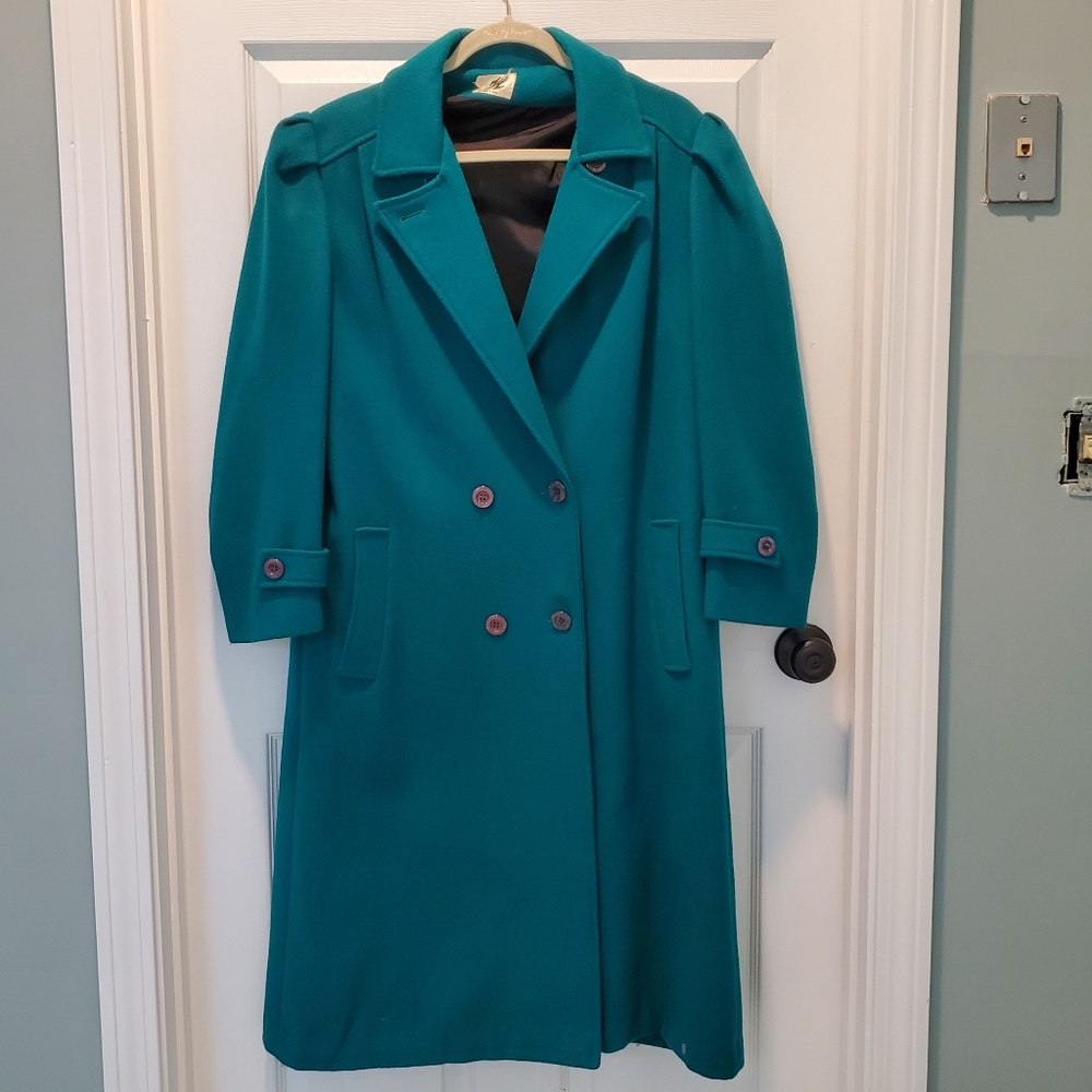 Vintage Union Made wool coat, turquoise,  women's size 14